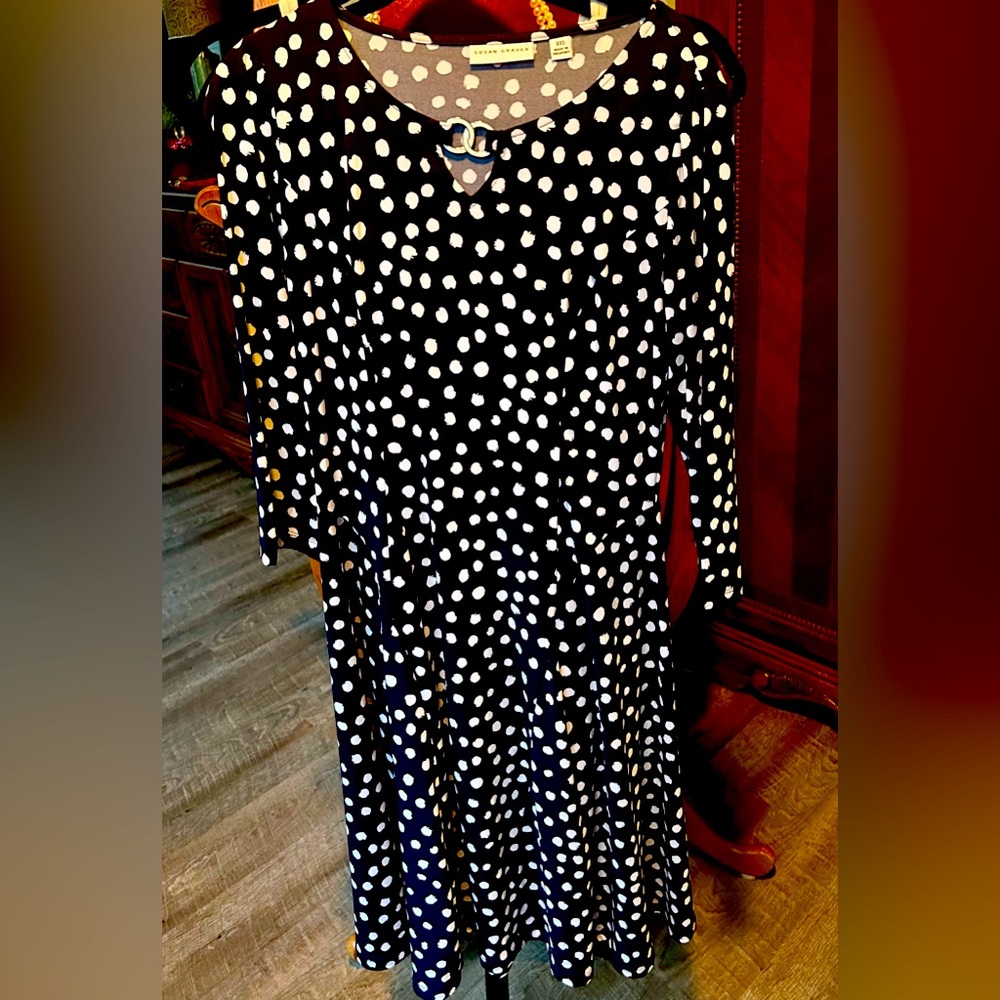 Traditional blue and white polka dot A line dress with silver trim neckline.